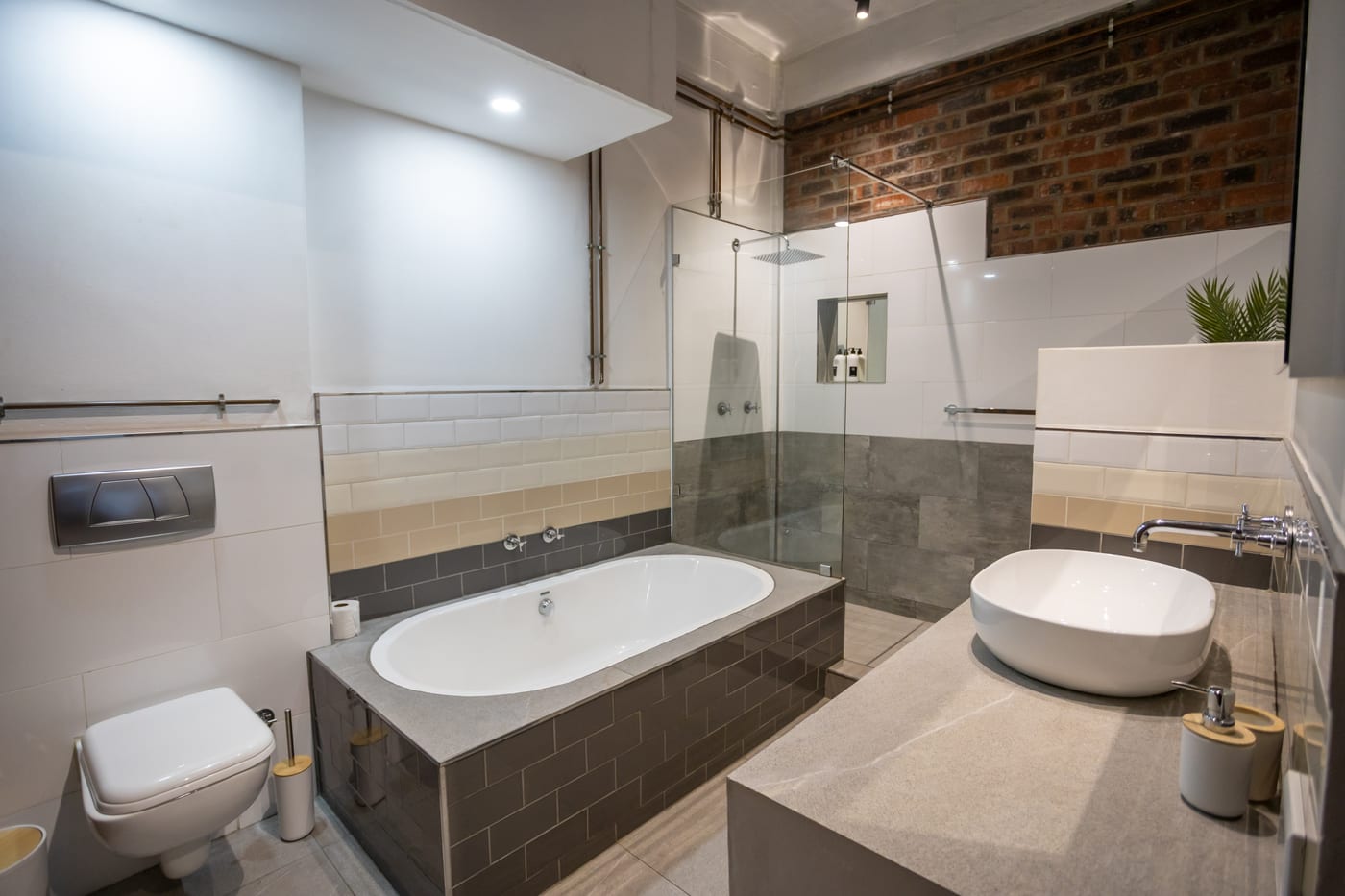 Full bathroom with a bath and walk-in shower
