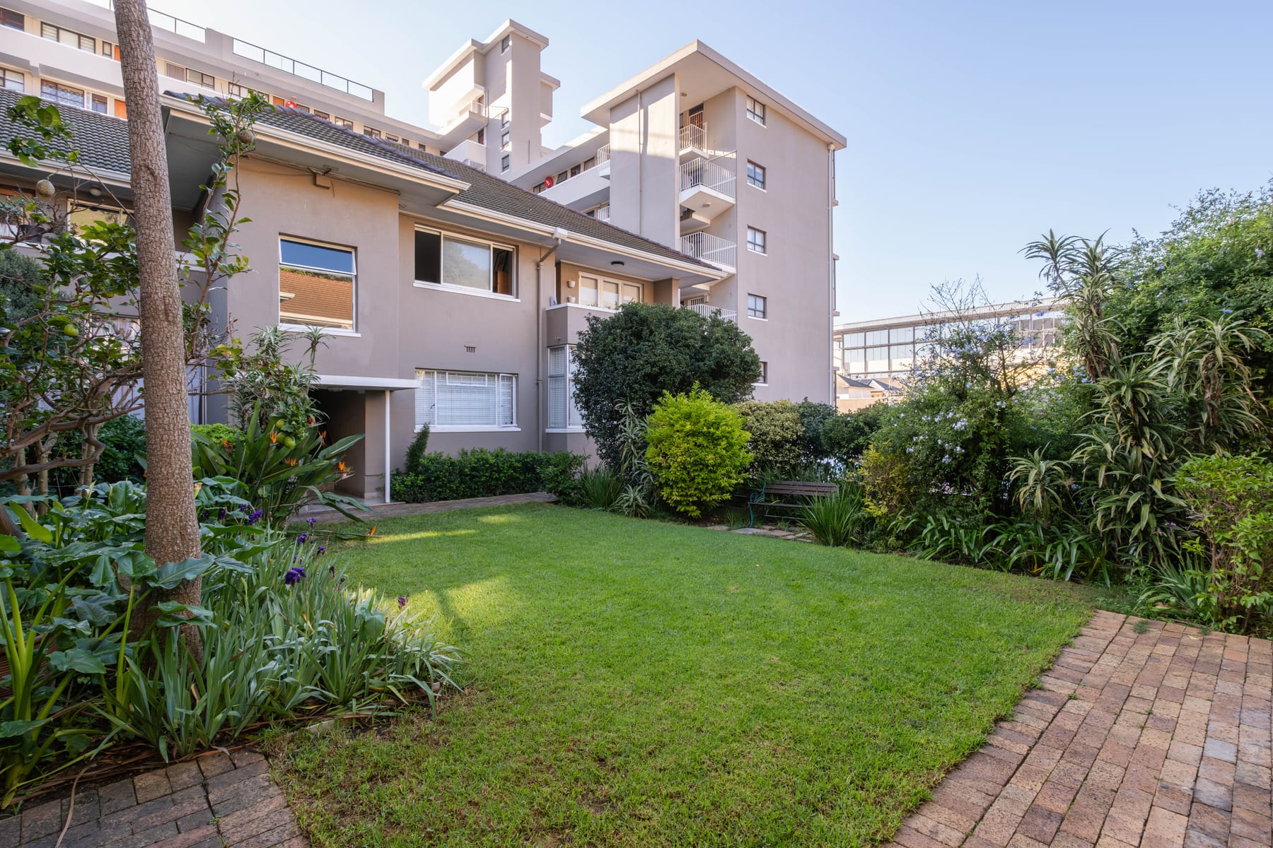 Shared courtyard lawn and garden at the apartment complex